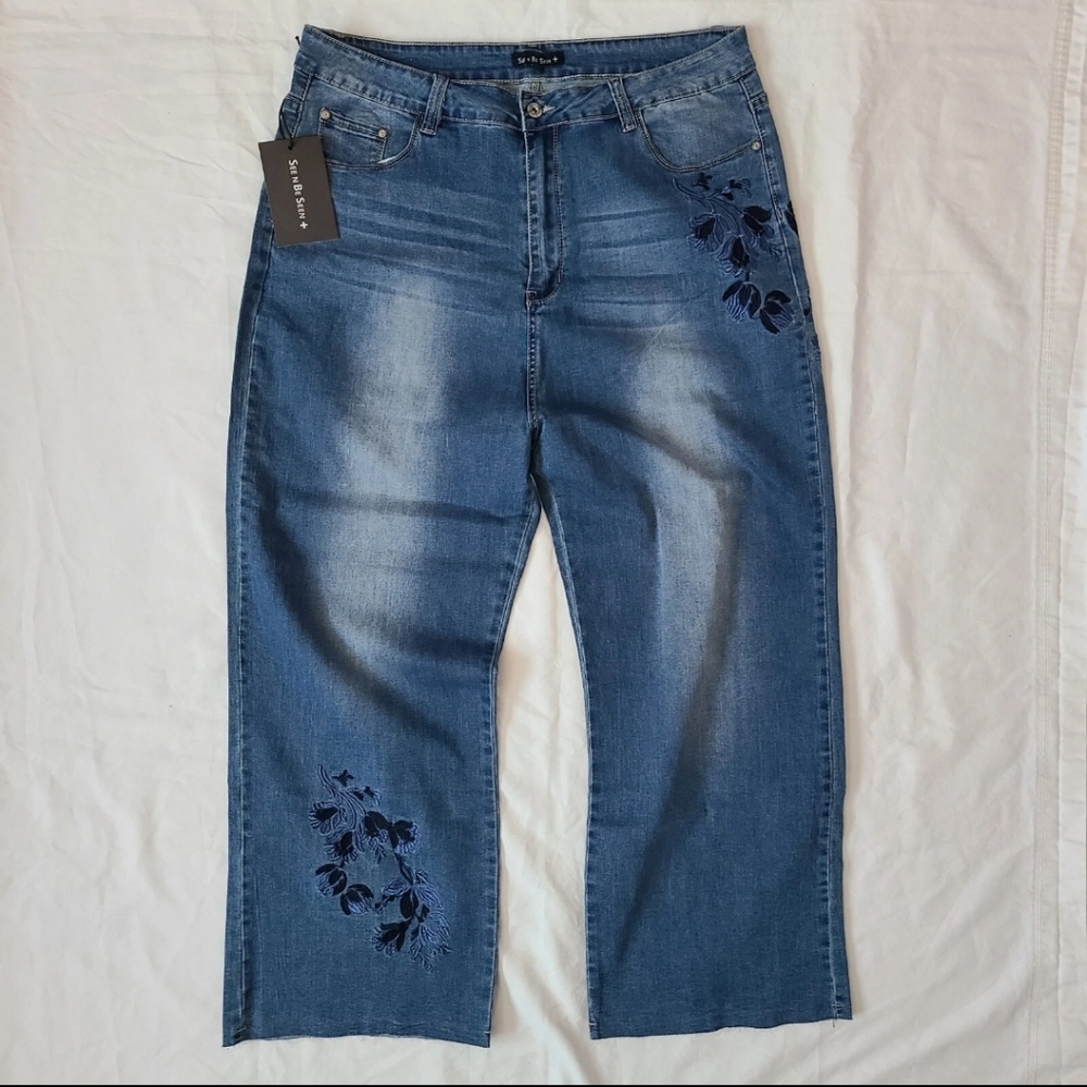 See N Be Seen + Jeans Plus Size 20 3x Embroidered Flowers New Denim Blue Cutoffs